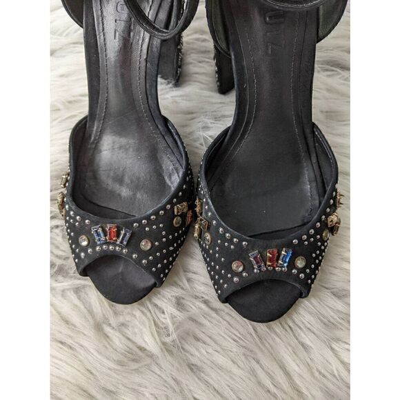 Schutz Black Nubuck/Faux Suede Crystal Embellished Sandals Chunky Platform Heels - Picture 9 of 10